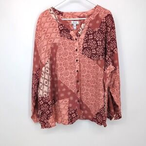 Denim & Co. Canyon Retreat Button‎ Front Patchwork Shirt Rhubarb Womens 3X